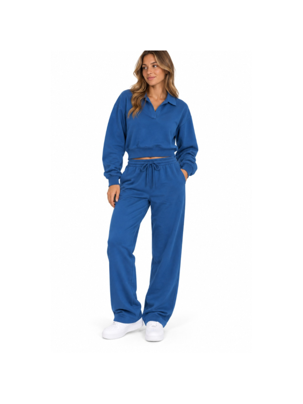 Women’s Blue 2 Piece Lounge Set - Size M-Collared Pullover Wide Leg Pants-NWOT